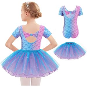 imageZaclotre Girls Ballet Leotards Short Sleeve Bow Back Tutu Ballerina Costume Toddler Dance Dress Outfit ComboPink Blue Mermaid