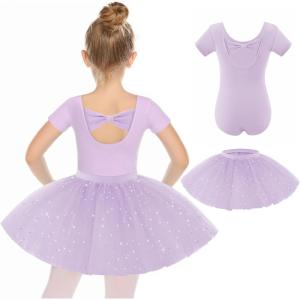 imageZaclotre Girls Ballet Leotards Short Sleeve Bow Back Tutu Ballerina Costume Toddler Dance Dress Outfit ComboPurple