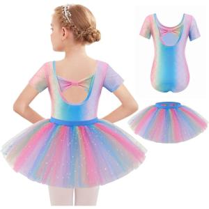 imageZaclotre Girls Ballet Leotards Short Sleeve Bow Back Tutu Ballerina Costume Toddler Dance Dress Outfit ComboRainbow Mermaid