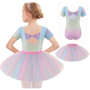 imageZaclotre Girls Ballet Leotards Short Sleeve Bow Back Tutu Ballerina Costume Toddler Dance Dress Outfit ComboSparkle Rainbow