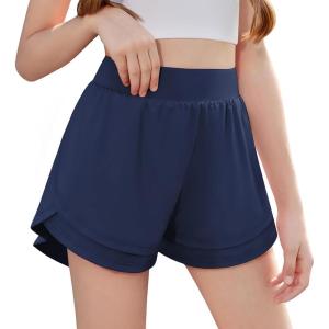 imageZaclotre Girls Athletic Shorts with Pockets Crossover Triple Layered 2 in 1 Kids Sport Cheer Workout Running ShortsNavy Blue