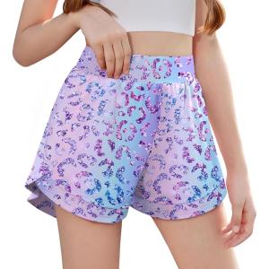 imageZaclotre Girls Athletic Shorts with Pockets Crossover Triple Layered 2 in 1 Kids Sport Cheer Workout Running ShortsPurple Gradient Leopard