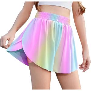 imageZaclotre Girls Butterfly Shorts with Pockets 2 in 1 Flowy Running Shorts Kids Athletic Skorts for Tennis Cheer DanceRainbow