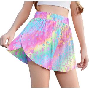 imageZaclotre Girls Butterfly Shorts with Pockets 2 in 1 Flowy Running Shorts Kids Athletic Skorts for Tennis Cheer DanceRainbow Leopard