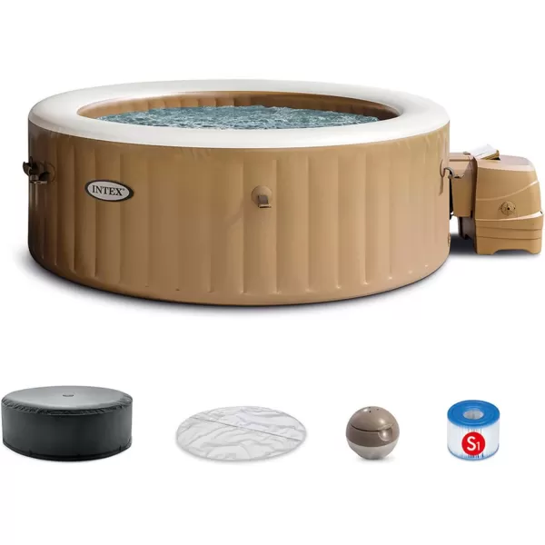 INTEX 28429EP PureSpa Plus Bubble Massage Spa Set Includes Energy Efficient Spa Cover  2 Contoured Headrest  LED Light  4 Person Capacity  77quot x 28quotSahara