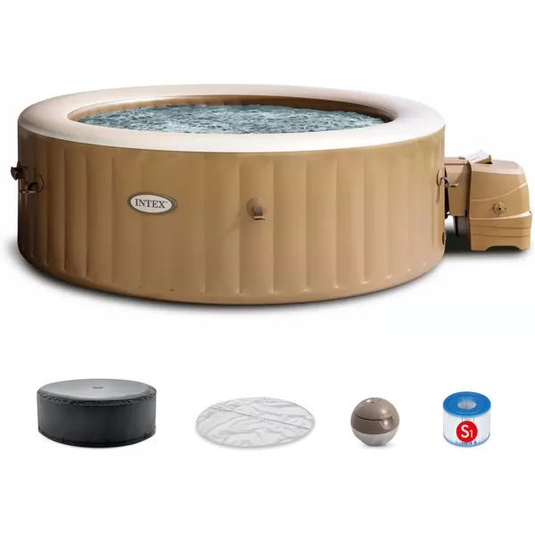 INTEX 28429EP PureSpa Plus Bubble Massage Spa Set Includes Energy Efficient Spa Cover  2 Contoured Headrest  LED Light  4 Person Capacity  77quot x 28quotSahara