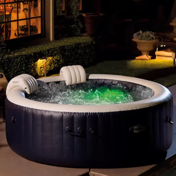INTEX 28429EP PureSpa Plus Bubble Massage Spa Set Includes Energy Efficient Spa Cover  2 Contoured Headrest  LED Light  4 Person Capacity  77quot x 28quotCobalt