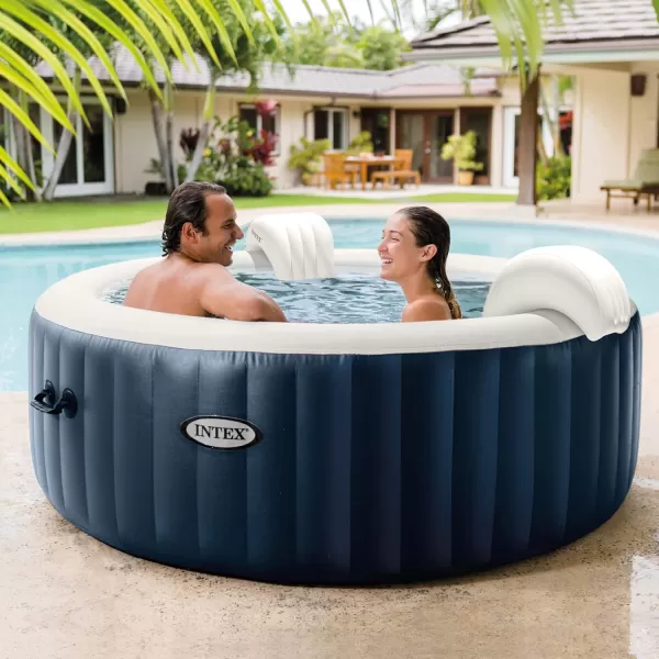 INTEX 28429EP PureSpa Plus Bubble Massage Spa Set Includes Energy Efficient Spa Cover  2 Contoured Headrest  LED Light  4 Person Capacity  77quot x 28quotCobalt