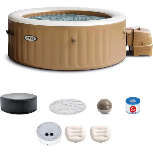 INTEX 28429EP PureSpa Plus Bubble Massage Spa Set Includes Energy Efficient Spa Cover  2 Contoured Headrest  LED Light  4 Person Capacity  77quot x 28quotSahara