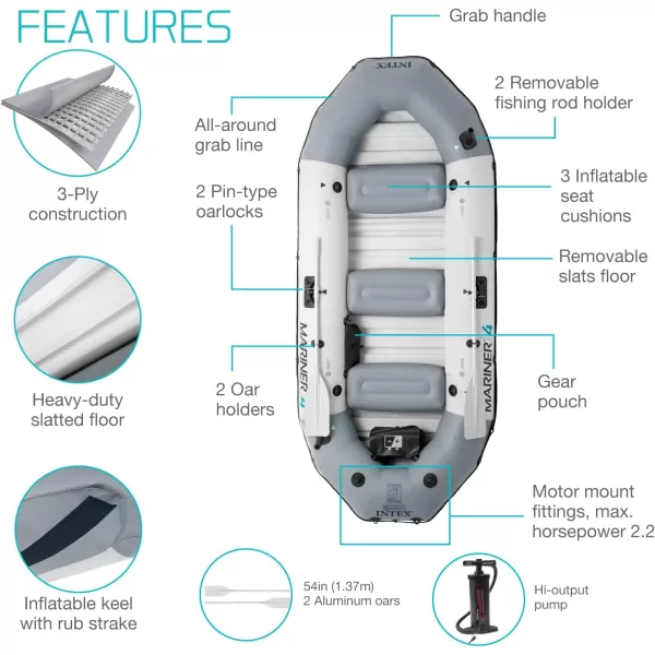 INTEX 68373EP Mariner 3 Inflatable Boat Set Includes Deluxe 54in Boat Oars and HighOutput Pump  WearResistant Keel  Removable Fishing Rod Holders  3Person  880lb Weight Capacity