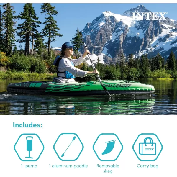 INTEX Challenger Inflatable Kayak Series Includes Deluxe 86in Kayak Paddles and HighOutput Pump  SuperStrong PVC  Adjustable Seat with Backrest  Removable Skeg  Cargo Storage Net1Person
