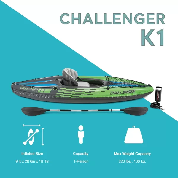 INTEX Challenger Inflatable Kayak Series Includes Deluxe 86in Kayak Paddles and HighOutput Pump  SuperStrong PVC  Adjustable Seat with Backrest  Removable Skeg  Cargo Storage Net1Person