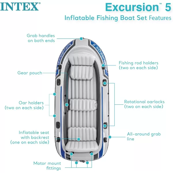 INTEX Excursion Inflatable Boat Series Includes Deluxe 54in Boat Oars and HighOutput Pump  SuperTough PVC  Adjustable Seats with Backrest  Fishing Rod Holders  Welded Oar Locks5Person