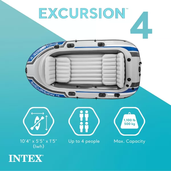 INTEX Excursion Inflatable Boat Series Includes Deluxe 54in Boat Oars and HighOutput Pump  SuperTough PVC  Adjustable Seats with Backrest  Fishing Rod Holders  Welded Oar Locks4Person