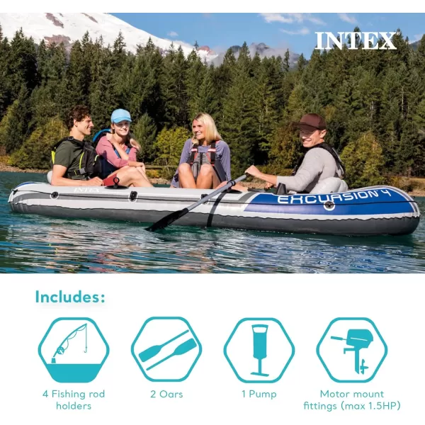 INTEX Excursion Inflatable Boat Series Includes Deluxe 54in Boat Oars and HighOutput Pump  SuperTough PVC  Adjustable Seats with Backrest  Fishing Rod Holders  Welded Oar Locks5Person