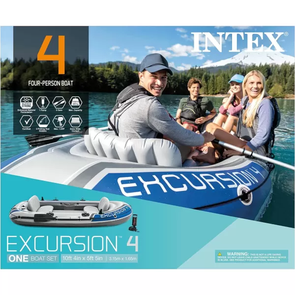 INTEX Excursion Inflatable Boat Series Includes Deluxe 54in Boat Oars and HighOutput Pump  SuperTough PVC  Adjustable Seats with Backrest  Fishing Rod Holders  Welded Oar Locks4Person