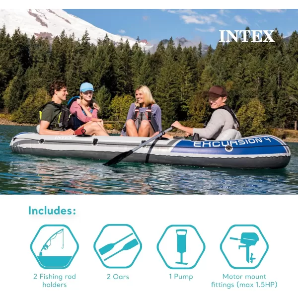 INTEX Excursion Inflatable Boat Series Includes Deluxe 54in Boat Oars and HighOutput Pump  SuperTough PVC  Adjustable Seats with Backrest  Fishing Rod Holders  Welded Oar Locks4Person