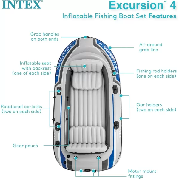 INTEX Excursion Inflatable Boat Series Includes Deluxe 54in Boat Oars and HighOutput Pump  SuperTough PVC  Adjustable Seats with Backrest  Fishing Rod Holders  Welded Oar Locks4Person