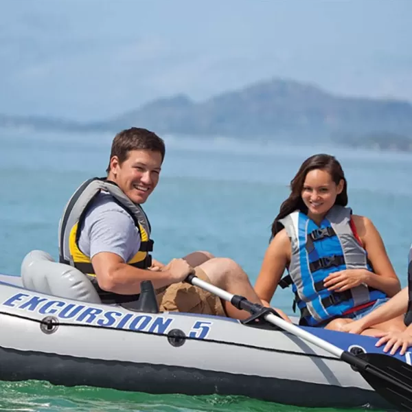 INTEX Excursion Inflatable Boat Series Includes Deluxe 54in Boat Oars and HighOutput Pump  SuperTough PVC  Adjustable Seats with Backrest  Fishing Rod Holders  Welded Oar Locks5Person
