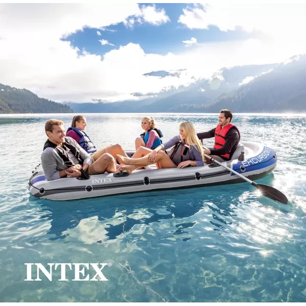 INTEX Excursion Inflatable Boat Series Includes Deluxe 54in Boat Oars and HighOutput Pump  SuperTough PVC  Adjustable Seats with Backrest  Fishing Rod Holders  Welded Oar Locks5Person