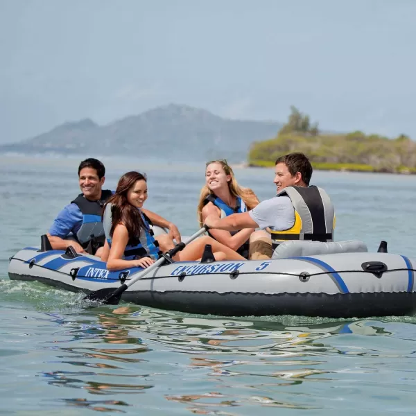 INTEX Excursion Inflatable Boat Series Includes Deluxe 54in Boat Oars and HighOutput Pump  SuperTough PVC  Adjustable Seats with Backrest  Fishing Rod Holders  Welded Oar Locks5Person