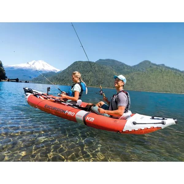 INTEX Excursion Pro Inflatable Kayak Series Includes Deluxe 86in Kayak Paddles and HighOutput Pump  SuperTough PVC  Adjustable Bucket Seat  Fishing Rod Holders  Grab Handles2person