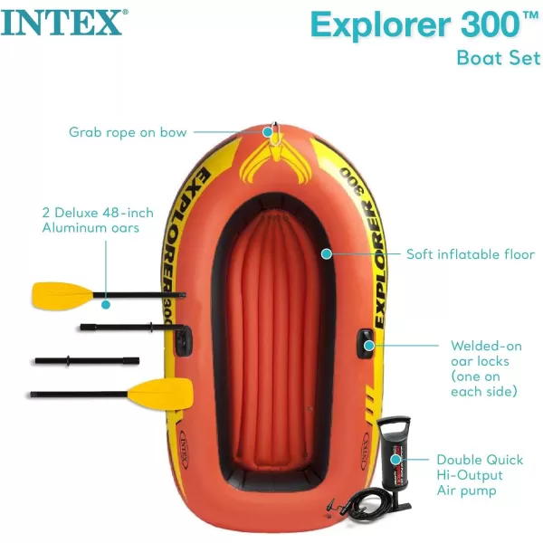 INTEX Explorer Inflatable Boat Series Dual Air Chambers  Welded Oar Locks  Grab Handles  Bow Rope  Sporty DesignExplorer 300 Set