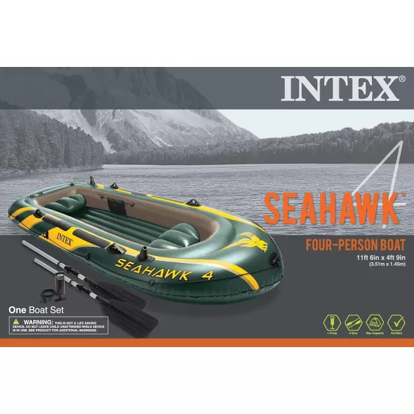 INTEX Seahawk Inflatable Boat Series Includes Deluxe Aluminum Oars and HighOutput Pump  SuperStrong PVC  Fishing Rod Holders  Heavy Duty Grab Handles  Gear PouchSeahawk 4