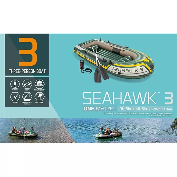 INTEX Seahawk Inflatable Boat Series Includes Deluxe Aluminum Oars and HighOutput Pump  SuperStrong PVC  Fishing Rod Holders  Heavy Duty Grab Handles  Gear PouchSeahawk 3