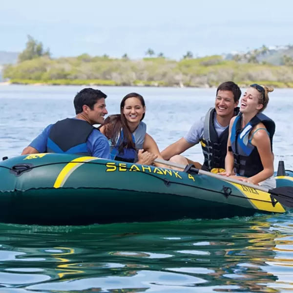 INTEX Seahawk Inflatable Boat Series Includes Deluxe Aluminum Oars and HighOutput Pump  SuperStrong PVC  Fishing Rod Holders  Heavy Duty Grab Handles  Gear PouchSeahawk 4