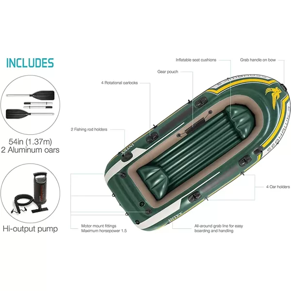 INTEX Seahawk Inflatable Boat Series Includes Deluxe Aluminum Oars and HighOutput Pump  SuperStrong PVC  Fishing Rod Holders  Heavy Duty Grab Handles  Gear PouchSeahawk 3