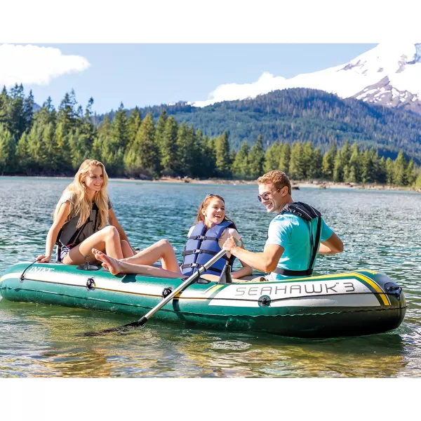 INTEX Seahawk Inflatable Boat Series Includes Deluxe Aluminum Oars and HighOutput Pump  SuperStrong PVC  Fishing Rod Holders  Heavy Duty Grab Handles  Gear PouchSeahawk 3