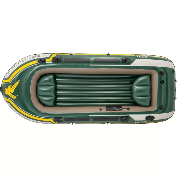 INTEX Seahawk Inflatable Boat Series Includes Deluxe Aluminum Oars and HighOutput Pump  SuperStrong PVC  Fishing Rod Holders  Heavy Duty Grab Handles  Gear PouchSeahawk 4