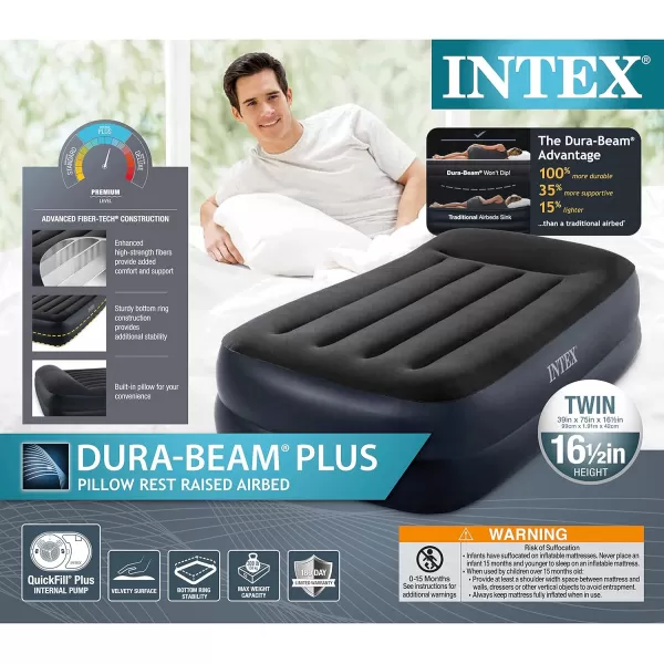 Intex 64121ED DuraBeam Plus Pillow Rest Air Mattress FiberTech  Twin Size  Builtin Electric Pump  165in Bed Height  300lb Weight CapacityTwin