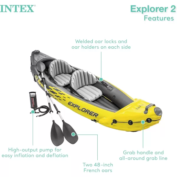 Intex 68307EP Explorer K2 Inflatable Kayak Set Includes Deluxe 86in Aluminum Oars and HighOutput Pump  SuperStrong PVC  Adjustable Seats with Backrest  2Person  400lb Weight Capacity2person