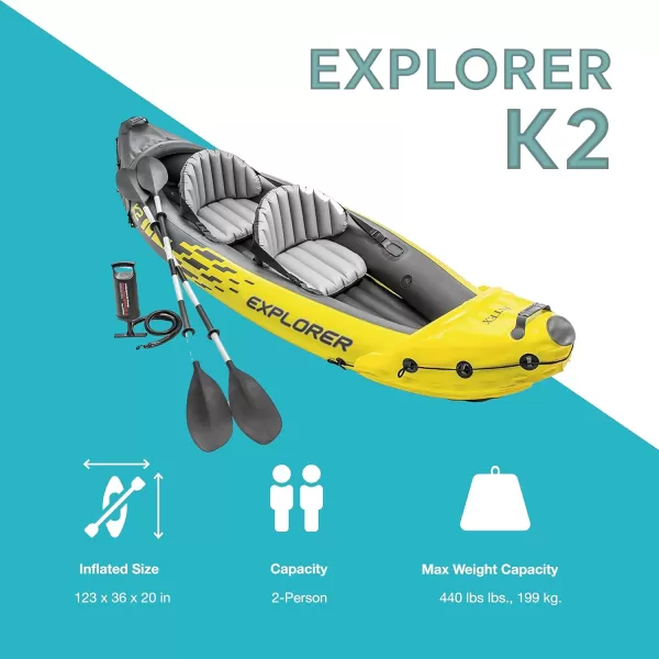 Intex 68307EP Explorer K2 Inflatable Kayak Set Includes Deluxe 86in Aluminum Oars and HighOutput Pump  SuperStrong PVC  Adjustable Seats with Backrest  2Person  400lb Weight Capacity2person