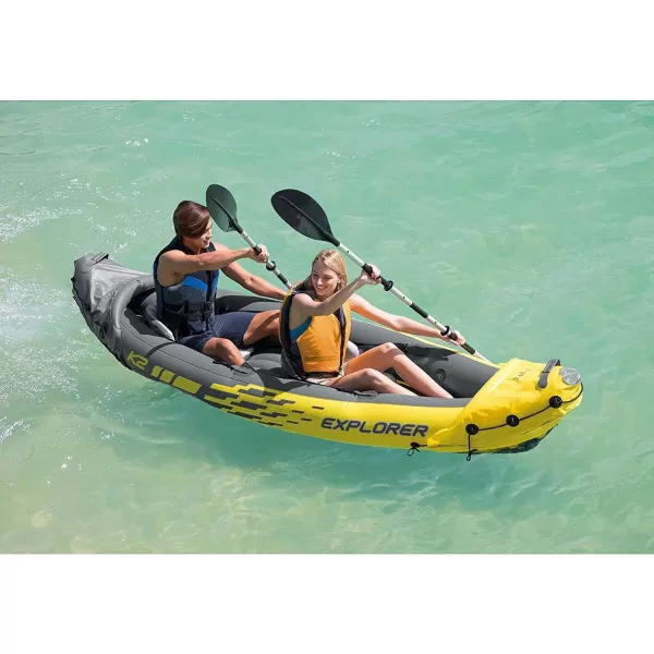 Intex 68307EP Explorer K2 Inflatable Kayak Set Includes Deluxe 86in Aluminum Oars and HighOutput Pump  SuperStrong PVC  Adjustable Seats with Backrest  2Person  400lb Weight Capacity2person