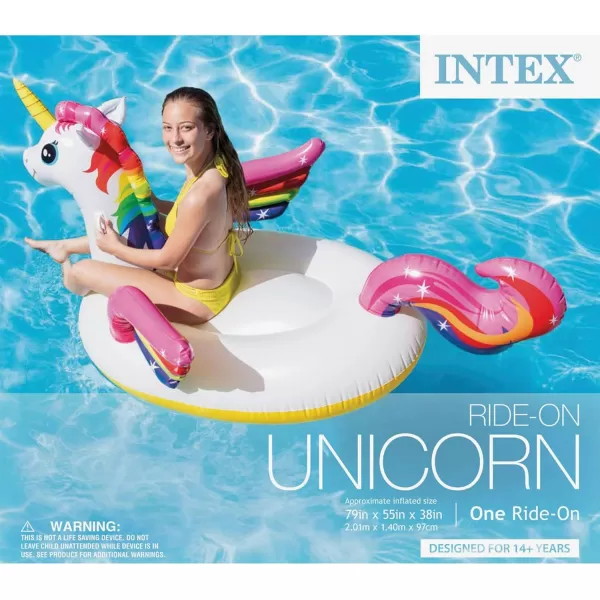 Intex Durable Premium Raft Grade Vinyl Unicorn Inflatable Ride On Pool Float with 2 Heavy Duty Handles and Repair Patch Multicolor