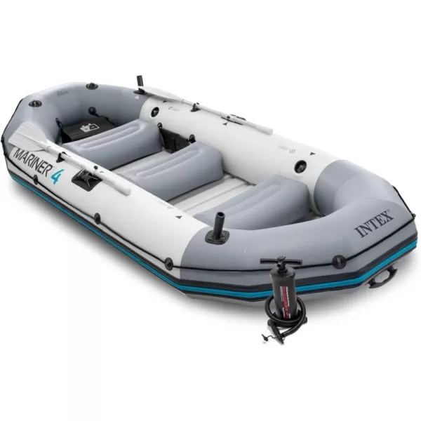 INTEX 68376EP Mariner 4 Inflatable Boat Set Includes Deluxe 54in Boat Oars and HighOutput Pump  WearResistant Keel  Removable Fishing Rod Holders  4Person  1100lb Weight Capacity