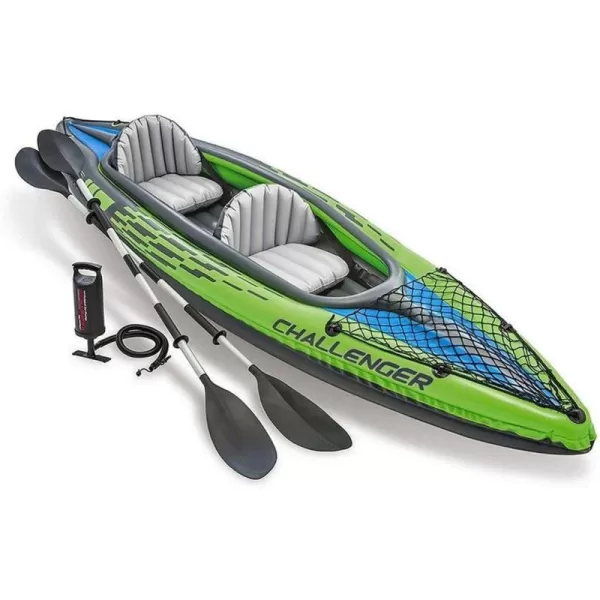 INTEX Challenger Inflatable Kayak Series Includes Deluxe 86in Kayak Paddles and HighOutput Pump  SuperStrong PVC  Adjustable Seat with Backrest  Removable Skeg  Cargo Storage Net2Person