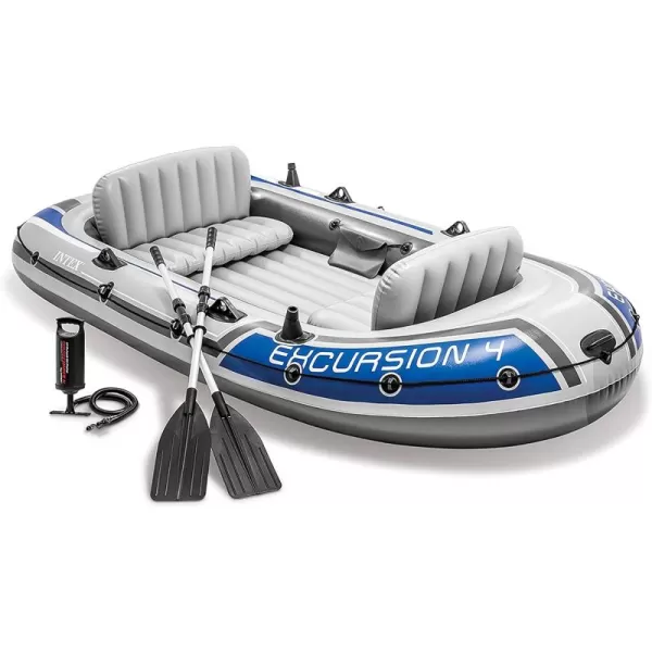 INTEX Excursion Inflatable Boat Series Includes Deluxe 54in Boat Oars and HighOutput Pump  SuperTough PVC  Adjustable Seats with Backrest  Fishing Rod Holders  Welded Oar Locks4Person