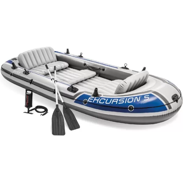 INTEX Excursion Inflatable Boat Series Includes Deluxe 54in Boat Oars and HighOutput Pump  SuperTough PVC  Adjustable Seats with Backrest  Fishing Rod Holders  Welded Oar Locks5Person
