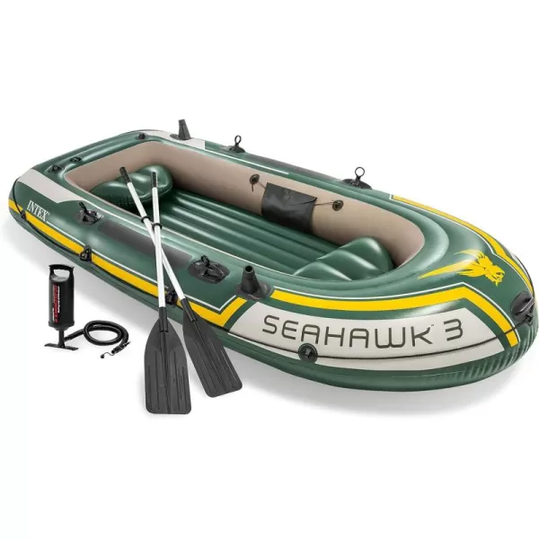 INTEX Seahawk Inflatable Boat Series Includes Deluxe Aluminum Oars and HighOutput Pump  SuperStrong PVC  Fishing Rod Holders  Heavy Duty Grab Handles  Gear PouchSeahawk 3