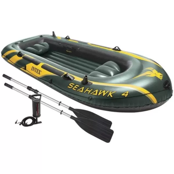 INTEX Seahawk Inflatable Boat Series Includes Deluxe Aluminum Oars and HighOutput Pump  SuperStrong PVC  Fishing Rod Holders  Heavy Duty Grab Handles  Gear PouchSeahawk 4