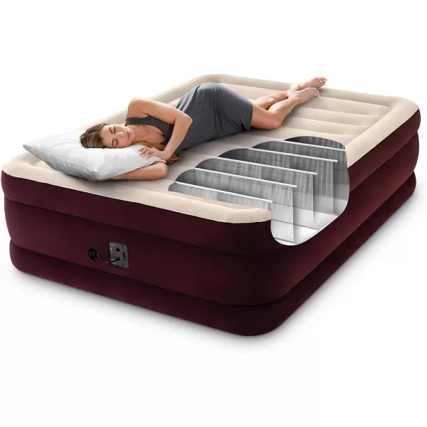 INTEX DuraBeam Deluxe Extra Raised Air Mattress FiberTech  Queen Size  Builtin Electric Pump  20in Bed Height  600lb Weight Capacity  Maroon