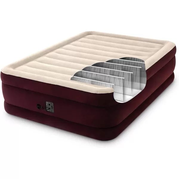 INTEX DuraBeam Deluxe Extra Raised Air Mattress FiberTech  Queen Size  Builtin Electric Pump  20in Bed Height  600lb Weight Capacity  Maroon