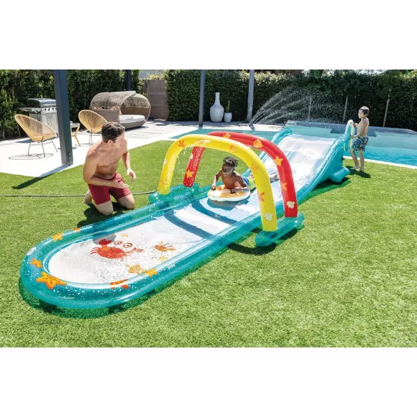 INTEX Friendly Octopus Inflatable Kiddie Pool Inflatable Kids Pool with Water Sprayer and Slide  Splash Pad  92quot x 72quot x 59quot  Ages 3Blue