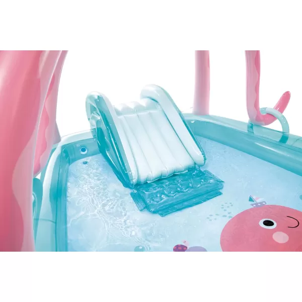 INTEX Friendly Octopus Inflatable Kiddie Pool Inflatable Kids Pool with Water Sprayer and Slide  Splash Pad  92quot x 72quot x 59quot  Ages 3Blue
