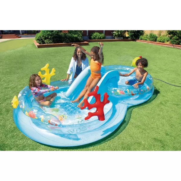 INTEX Friendly Octopus Inflatable Kiddie Pool Inflatable Kids Pool with Water Sprayer and Slide  Splash Pad  92quot x 72quot x 59quot  Ages 3Blue