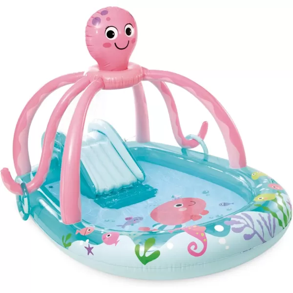 INTEX Friendly Octopus Inflatable Kiddie Pool Inflatable Kids Pool with Water Sprayer and Slide  Splash Pad  92quot x 72quot x 59quot  Ages 3Blue